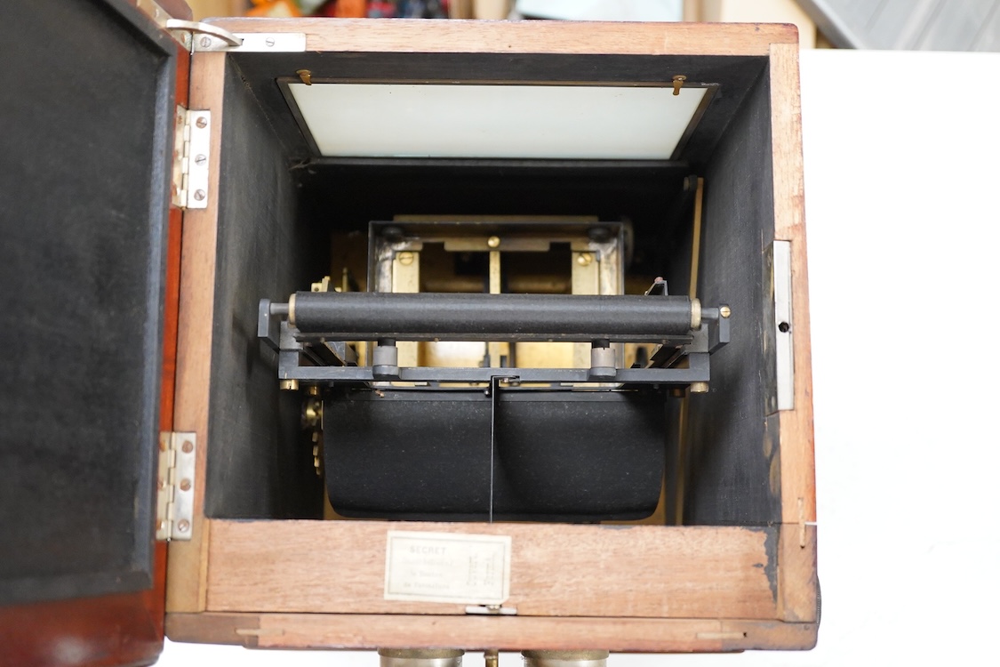 A late 19th century French mahogany Taxiphote stereoscopic table top viewer, 51cm high, 33cm wide